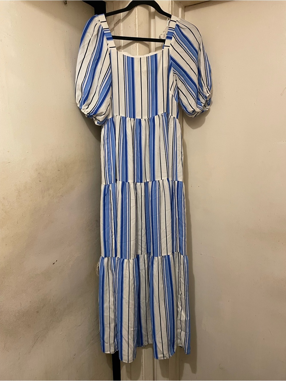 Maison Tara Women’s Blue White Striped Square Neck Tiered Maxi Dress 8